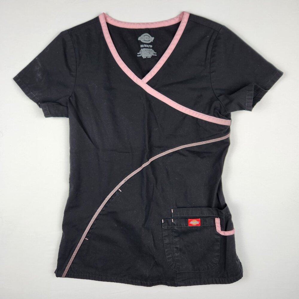 Dickies Missy Fit Scrubs Top XS - Black & Pink Soft Comfort 3-Pocket Design